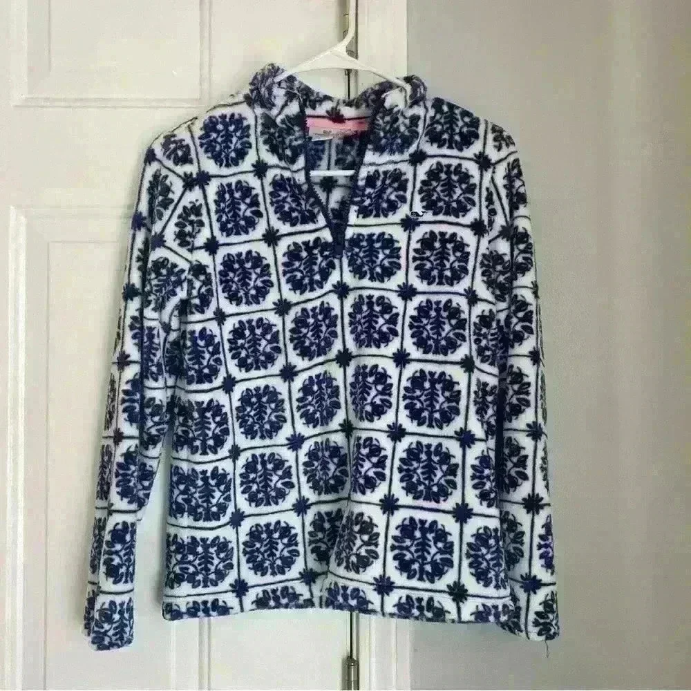 Vineyard vines island Tile printed soft fleece 1/2 zip pullover Girls sz L (14)